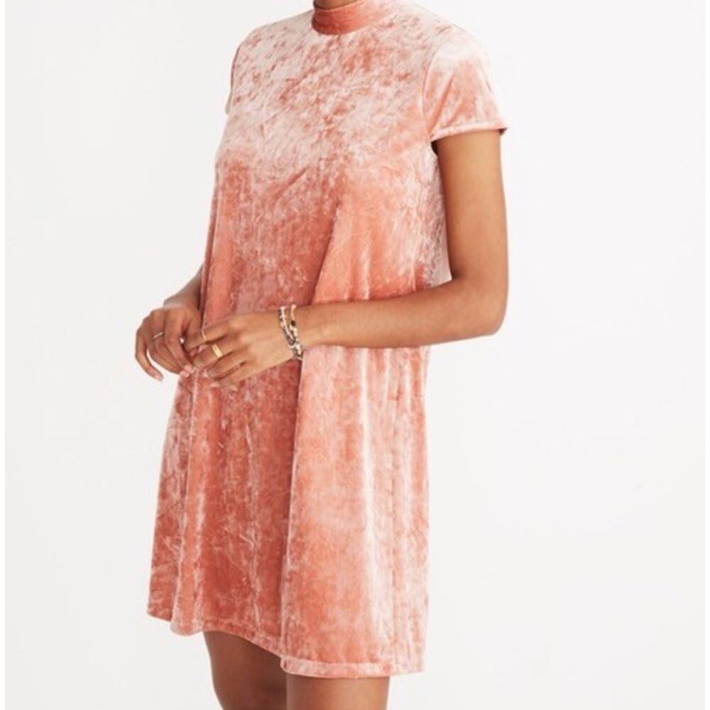Madewell Women’s Crushed Velvet Mockneck Mini Dress Tie Back Pink Peach Small
